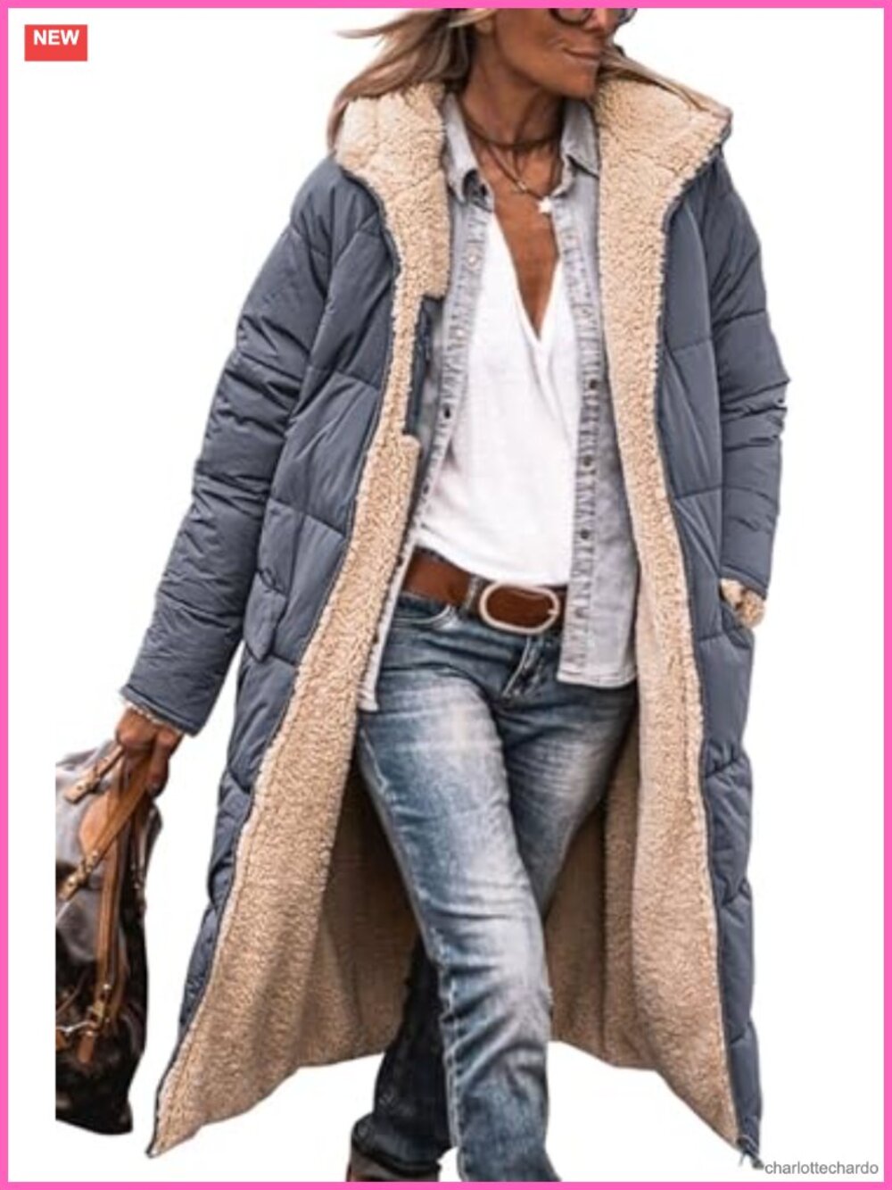 Women's Sherpa Fleece Puffer Long Coat Full Zip Hooded Winter Jacket